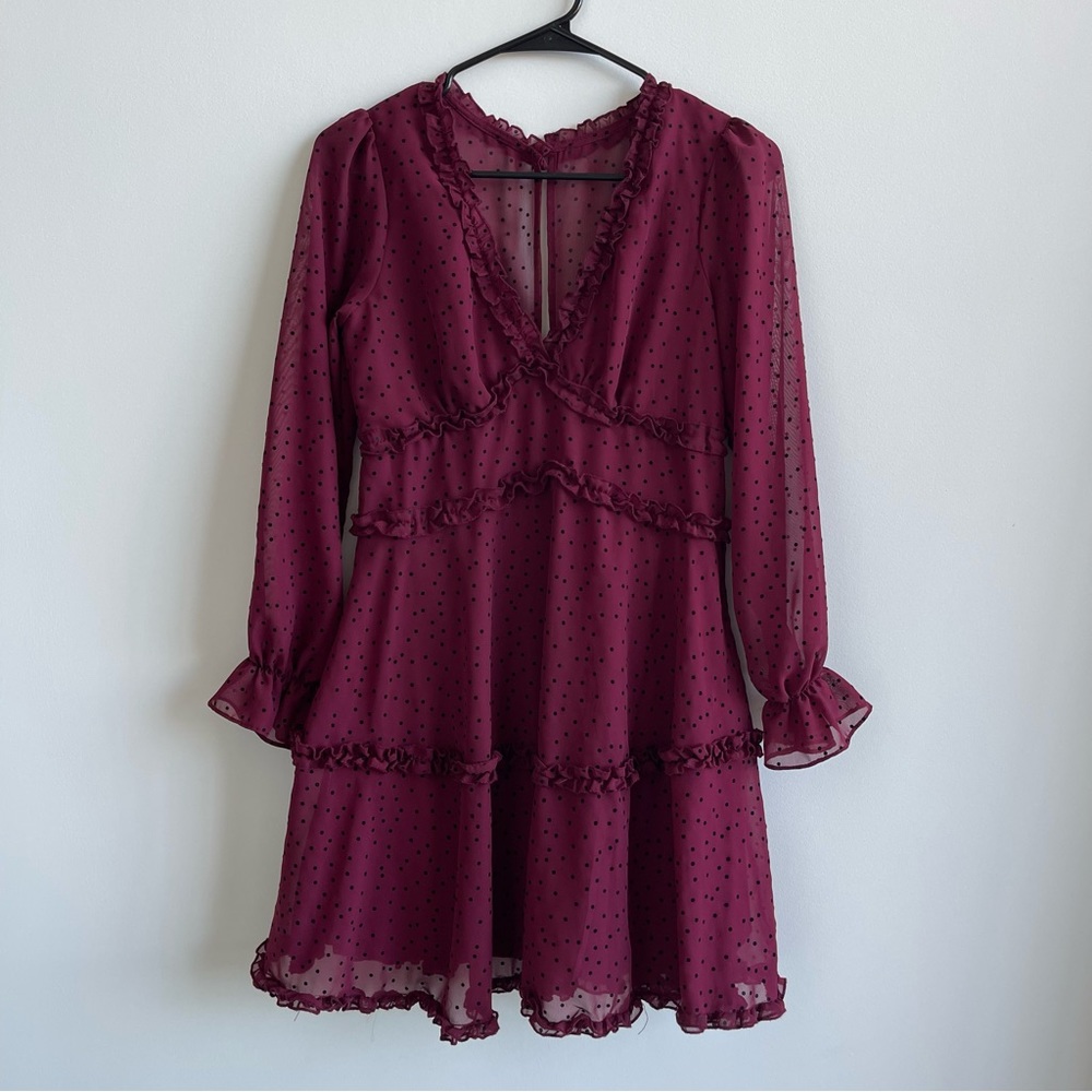 B. Darlin maroon and black polka dot chiffon v neck dress size 5/6